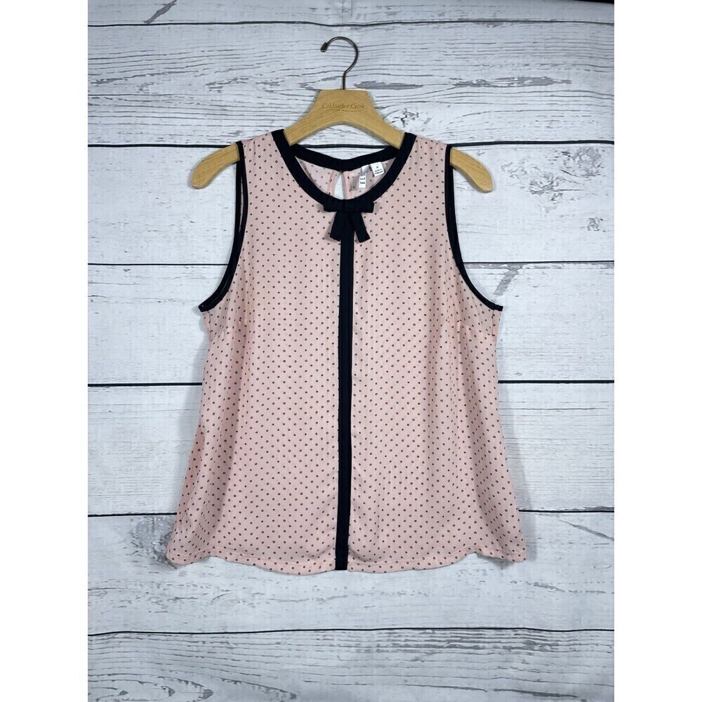 Elle Size Medium Black & Pink Polka Dot Top Neck Bow Preppy Sleeveless Blouse
